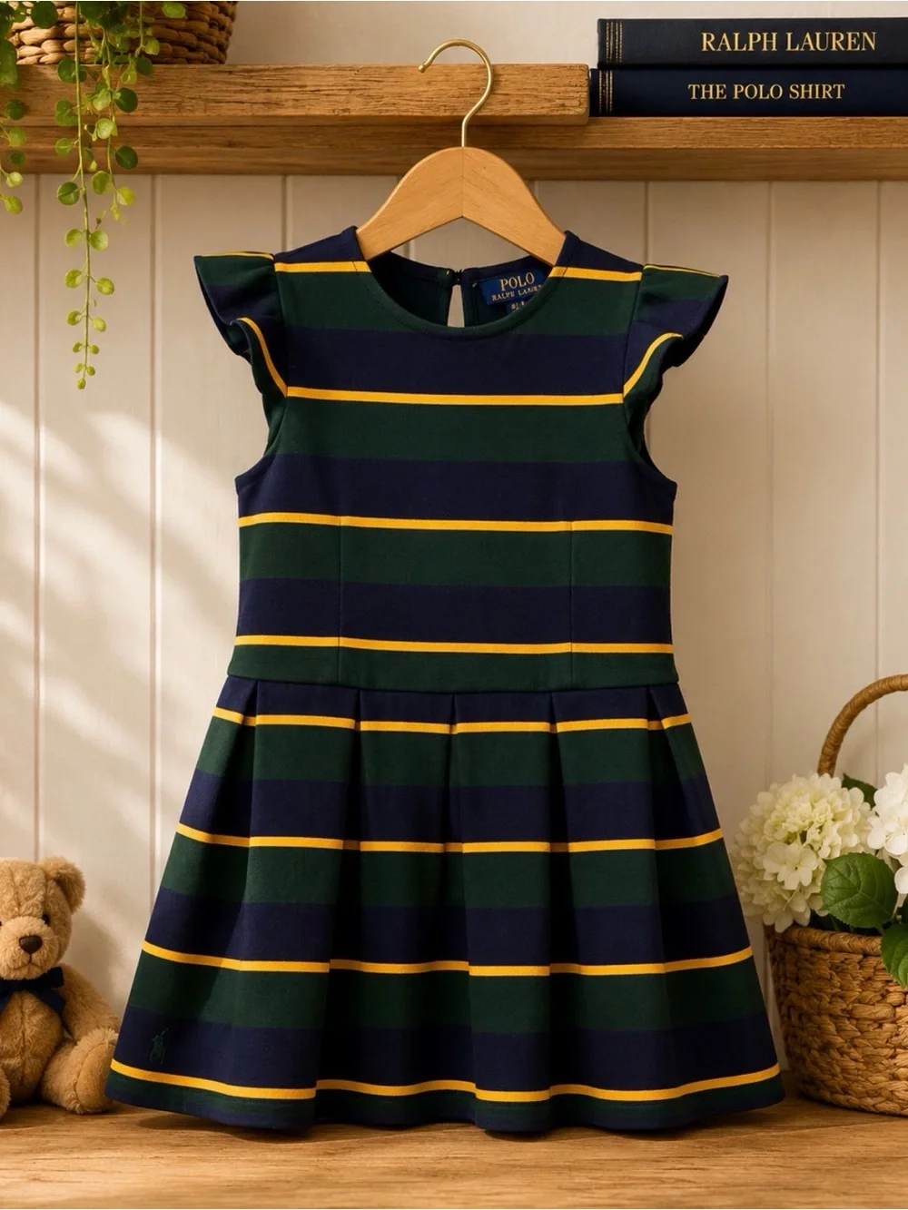 Polo by Ralph Lauren Blue and Green Pleated A-Line Dress